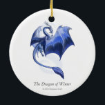 Ornamento De Cerâmica Blue Winter Dragon Fantasy Art<br><div class="desc">Procurando mais presentes, artigos de papelaria, roupas e utensílios? Visite a loja Critterwings para mais Dragão de inverno e outra arte de fantasia! Um dragão azul voador celebra a estação de inverno, espalhando suas asas contra um pano de fundo de flocos de neve brilhantes. Combinando fantasia e arte da natureza,...</div>