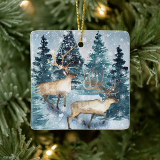 Ornamento De Cerâmica Blue Winter with Deers