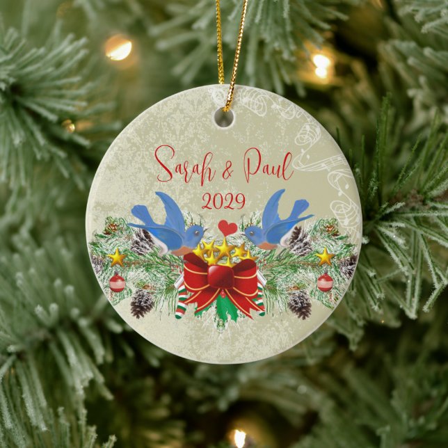 Ornamento De Cerâmica Bluebird Garland Pinecones Natal e Foto (Árvore)