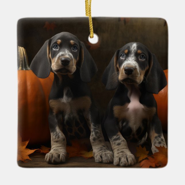 Ornamento De Cerâmica Bluetick Conhound Puppy Autumn - Pumpkin (Frente)