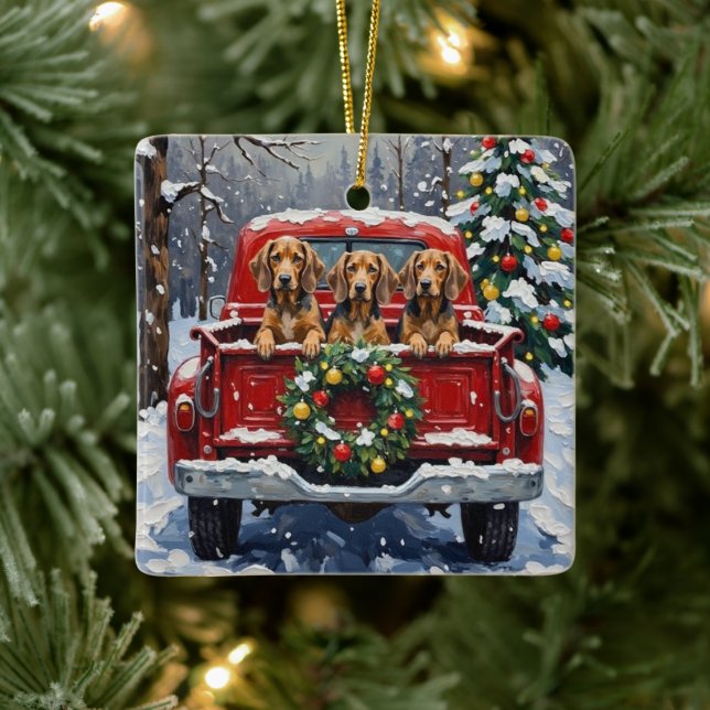 Ornamento De Cerâmica Bluetick Coonhound Christmas Red Truck Holiday (Árvore)