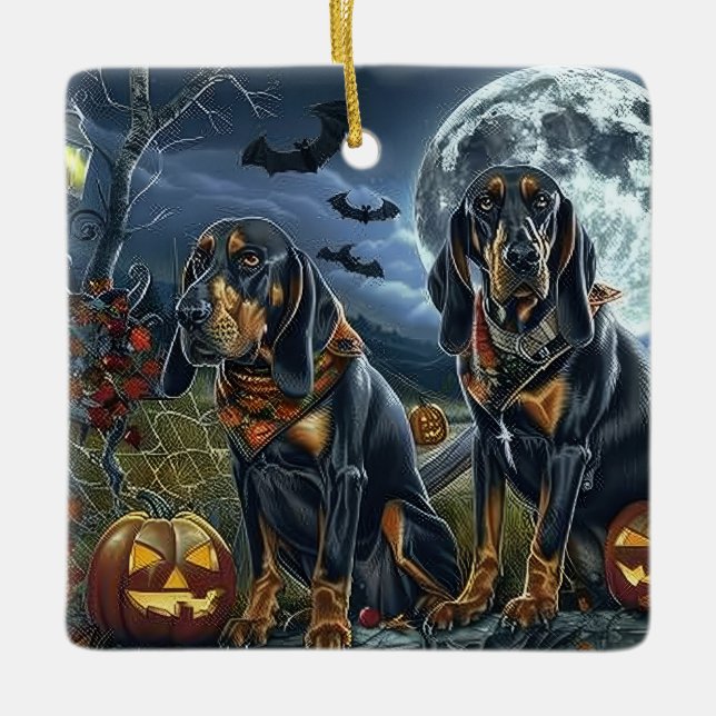 Ornamento De Cerâmica Bluetick Coonhound Halloween Spooky (Frente)