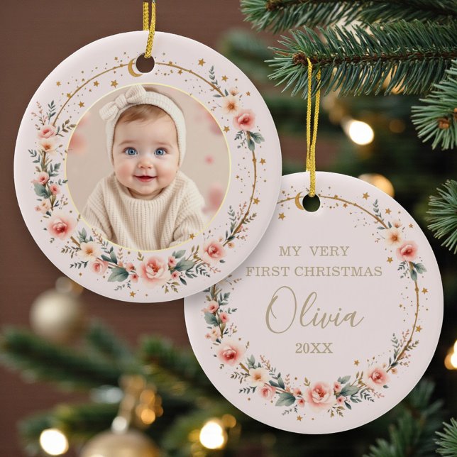 Ornamento De Cerâmica Blush Pink Celestial Baby First Christmas Photo (Criador carregado)