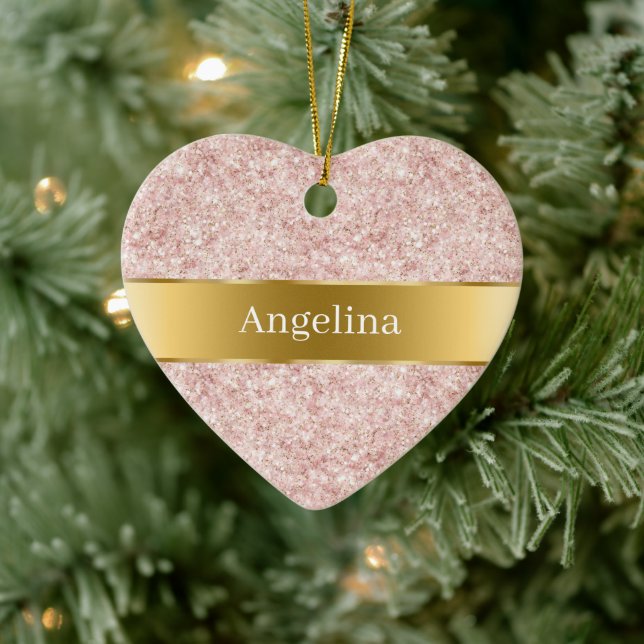 Ornamento De Cerâmica Blush Pink Glitter Sparkle Gold Ribbon Christmas (Árvore)