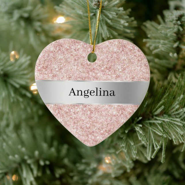 Ornamento De Cerâmica Blush Pink Glitter Sparkle Silver Ribbon Christmas (Árvore)