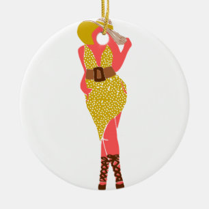 Ornamento De Cerâmica Boa mulher grossa no vestido das bolinhas