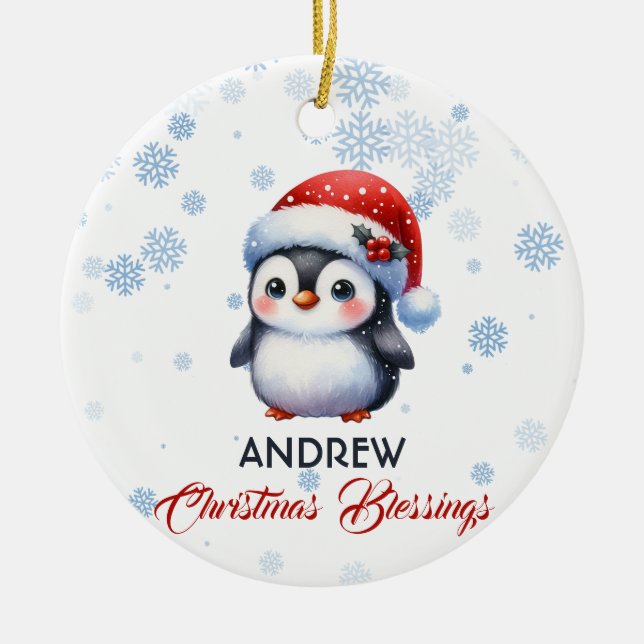 Ornamento De Cerâmica Boas Bênçãos de Natal Pinguim Encantado (Frente)