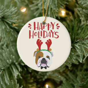 Ornamento De Cerâmica Boas festas - Natal inglês bonito do buldogue