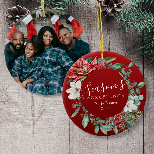 Ornamento De Cerâmica Boas-vindas da temporada Red Poinsettia Foto de Na (Season's Greetings Red Poinsettia Photo Christmas Ceramic Ornament
)