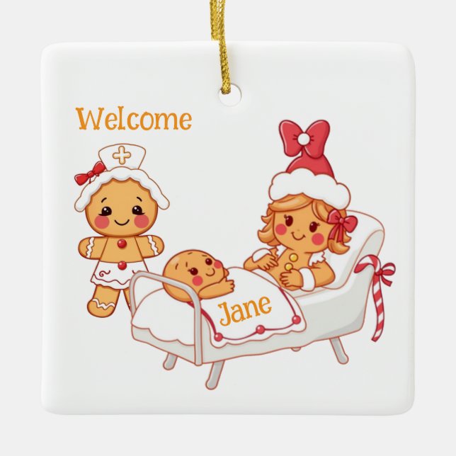 Ornamento De Cerâmica Boas-vindas personalizadas Novo Gingerpão Bebê (Frente)