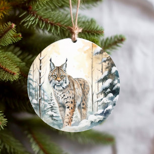 Ornamento De Cerâmica Bobcat Bonito Winter Woodland
