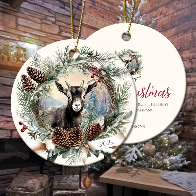 Ornamento De Cerâmica Boca-fazenda, animal de Natal, coroa (Black baby goat farm animal Christmas pinecone wreath Ceramic Ornament)