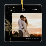 Ornamento De Cerâmica Bohemian Beach Palm Tree Foto Cerâmica<br><div class="desc">Palmeira e estrelas de praia boêmicas,  ornamento fotográfico em folha de ouro falso e preto.</div>