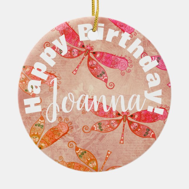 Ornamento De Cerâmica Boho Dragonflies em rosa (Frente)