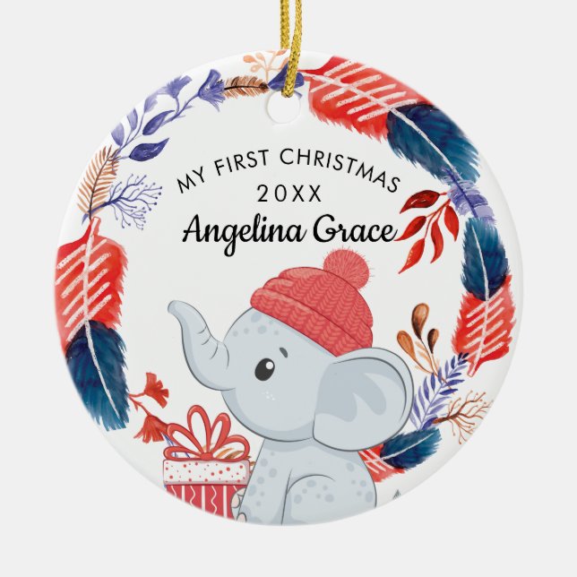 Ornamento De Cerâmica Boho Feather e Elephant Baby 1rua Natal (Frente)