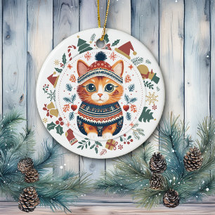 Ornamento De Cerâmica Boho Ginger Cat em Teal Winter Sweet Natal