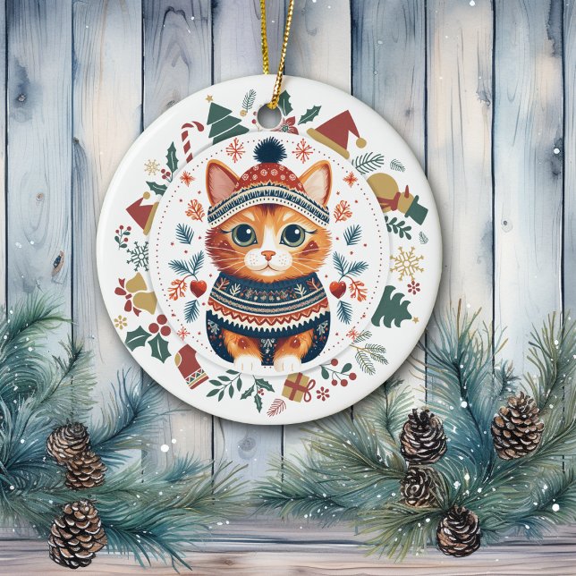 Ornamento De Cerâmica Boho Ginger Cat em Teal Winter Sweet Natal (Criador carregado)