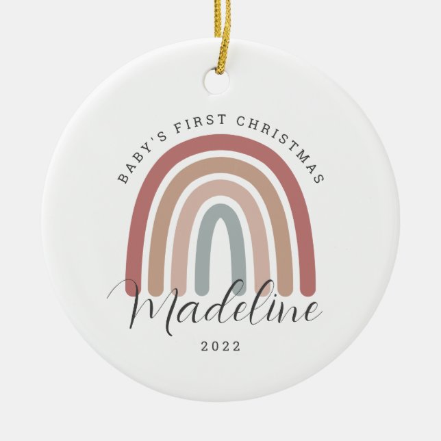 Ornamento De Cerâmica Boho Rainbow Baby's First Christmas Ornament (Frente)
