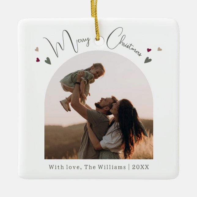 Ornamento De Cerâmica Boho Rainbow e Hearts Arch Feliz Natal (Frente)