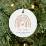 Ornamento De Cerâmica Boho Rainbow Girl Birth Stats Photo Baby Christmas<br><div class="desc">Cute Baby's First Christmas Ornament with a pink heart inside of a boho rainbow along with baby's name and birth stats.  The backside has your favorite newborn photo.  This modern baby ornament makes a great Christmas gift for new parents of a baby girl.</div>