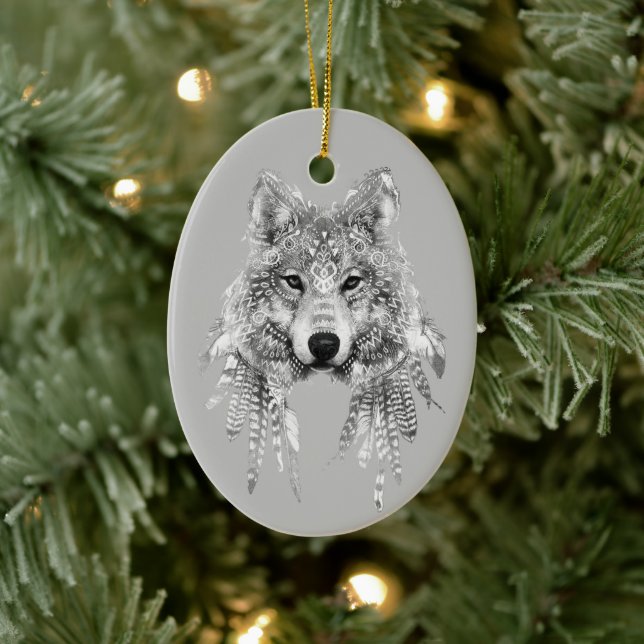 Ornamento De Cerâmica Boho Wolf Personalizável (Árvore)