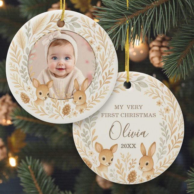 Ornamento De Cerâmica Boho Woodland Baby First Christmas Keepsake (Criador carregado)