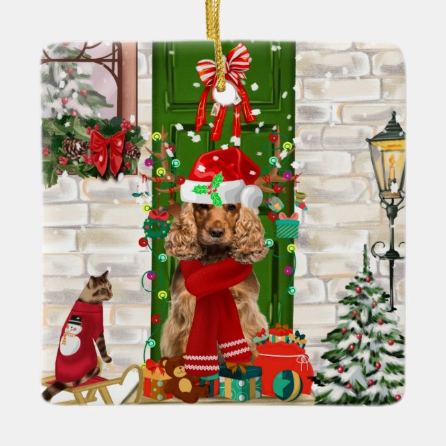 Ornamento De Cerâmica Boker Spaniel Dog Natal (Frente)