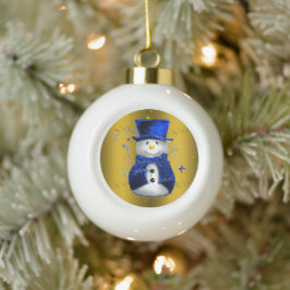 Ornamento De Cerâmica Bola Blue Snowman no Dourado Natal
