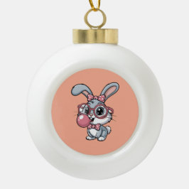 Ornamento De Cerâmica Bola Cute Bunny with Glasses Blowing Bubble Gum
