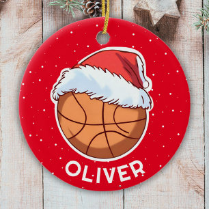 Ornamento De Cerâmica Bola de Basquete Chapéu Vermelho do Papai Noel Nat