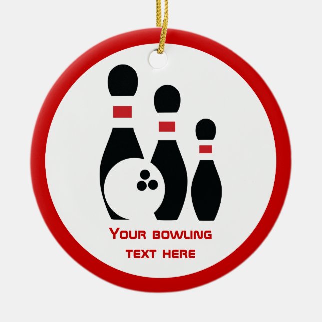 Ornamento De Cerâmica Bola de boliche e pinos vermelho preto personaliza (Frente)