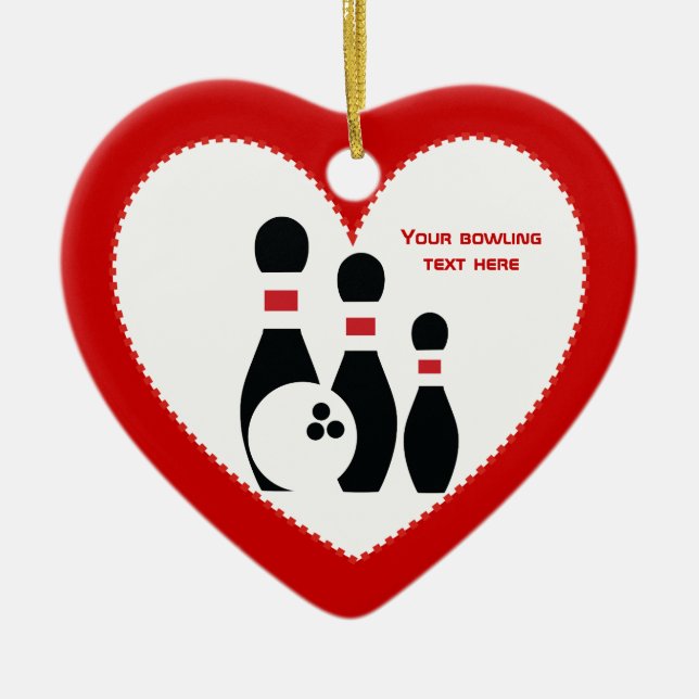 Ornamento De Cerâmica Bola de boliche e pinos vermelho preto personaliza (Frente)