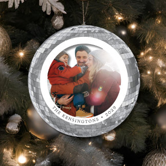 Ornamento De Cerâmica Bola de Disco Personalizada com Fotos Frontal e Tr