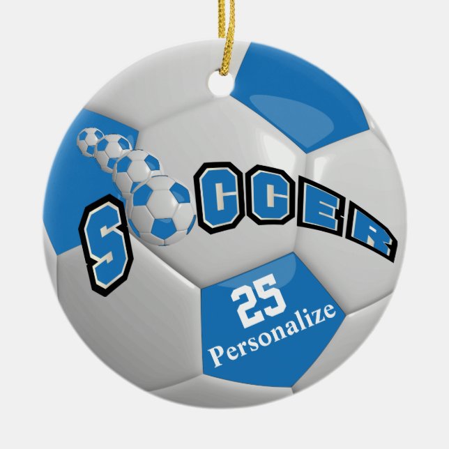 Ornamento De Cerâmica Bola de Futebol Azul | Personalizar (Frente)