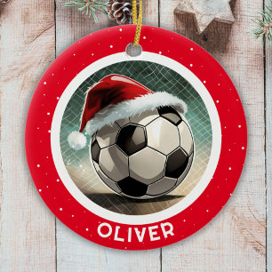 Ornamento De Cerâmica Bola de Futebol Chapéu Vermelho do Papai Noel Nata