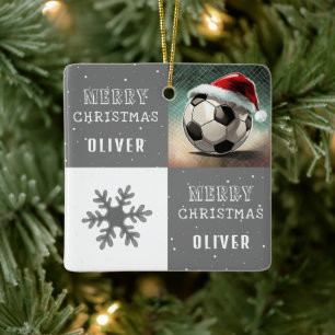 Ornamento De Cerâmica Bola de Futebol com Floco de Neve e Chapéu de Papa