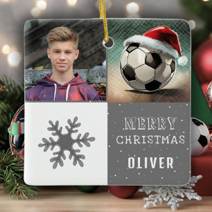 Ornamento De Cerâmica Bola de Futebol com Foto de Floco de Neve e Chapéu