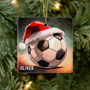 Ornamento De Cerâmica Bola de Futebol com Nome de Chapéu de Papai Noel V