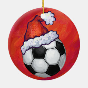 Ornamento De Cerâmica Bola de futebol do chapéu do papai noel no