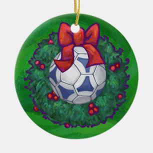 Ornamento De Cerâmica Bola de Futebol Festivo Branco, Azul, Verde