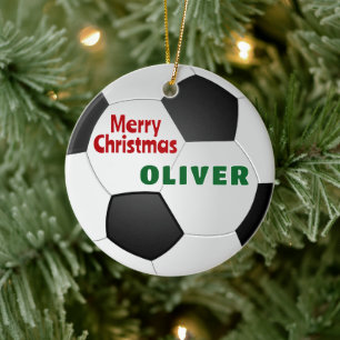 Ornamento De Cerâmica Bola de Futebol Nome Personalizado Feliz Natal
