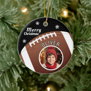 Ornamento De Cerâmica Bola de Futebol Nome Personalizado Foto Feliz Nata