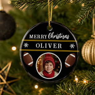 Ornamento De Cerâmica Bola de Futebol Nome Personalizado Foto Feliz Nata