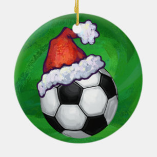 Ornamento De Cerâmica Bola de Futebol Santa Hat em Verde