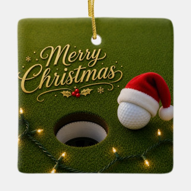 Ornamento De Cerâmica Bola de Golfe com Tema de Natal  (Frente)