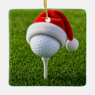 Ornamento De Cerâmica Bola de golfe de Natal com chapéu de Papai Noel em