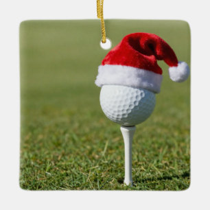 Ornamento De Cerâmica Bola de golfe de Natal com chapéu de Papai Noel em