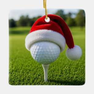 Ornamento De Cerâmica Bola de golfe de Natal com chapéu de Papai Noel em