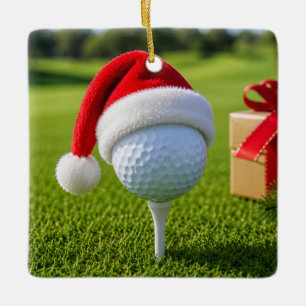 Ornamento De Cerâmica Bola de golfe de Natal com chapéu de Papai Noel em