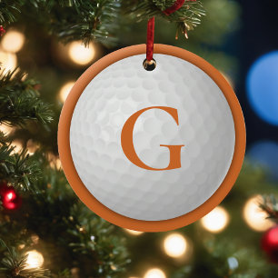 Ornamento De Cerâmica Bola de Golfe do Monograma Laranja Natal